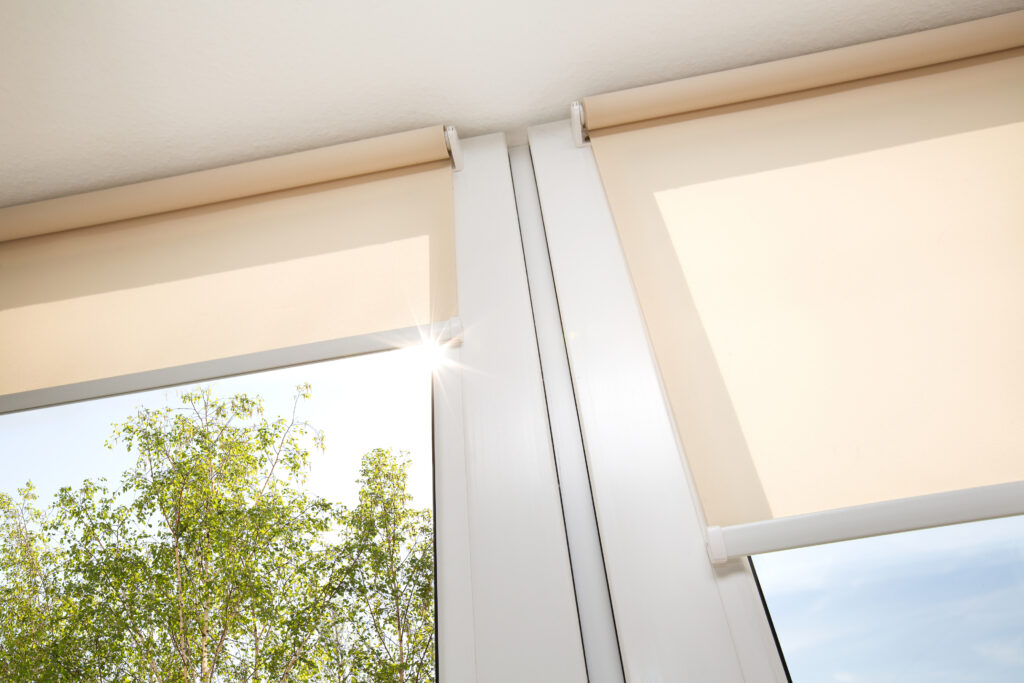 Window with sand coloured roll blinds
